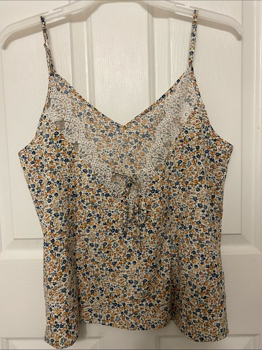 SHEIN Blue & Tan Floral Lace-Trim Spaghetti Strap tank top L Large crop shirt
